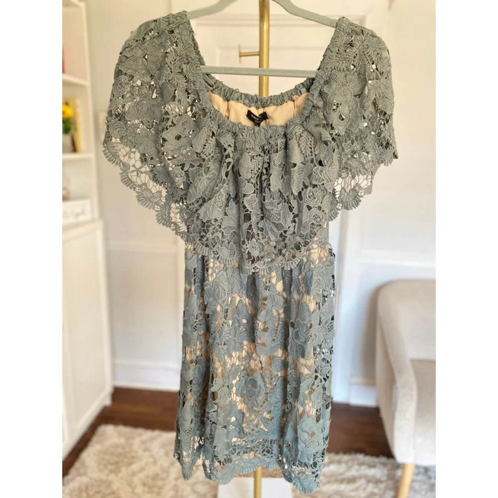 Romeo Juliet Couture Mini Dress Sage Lace Romantic Cottagecore Feminine Luxury